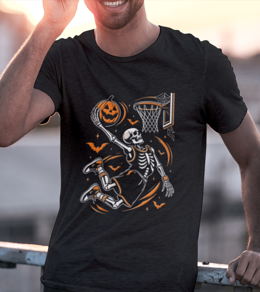 Skeleton Slam Dunk Pumpkin Basketball Hoop Spooky Halloween T-Shirt