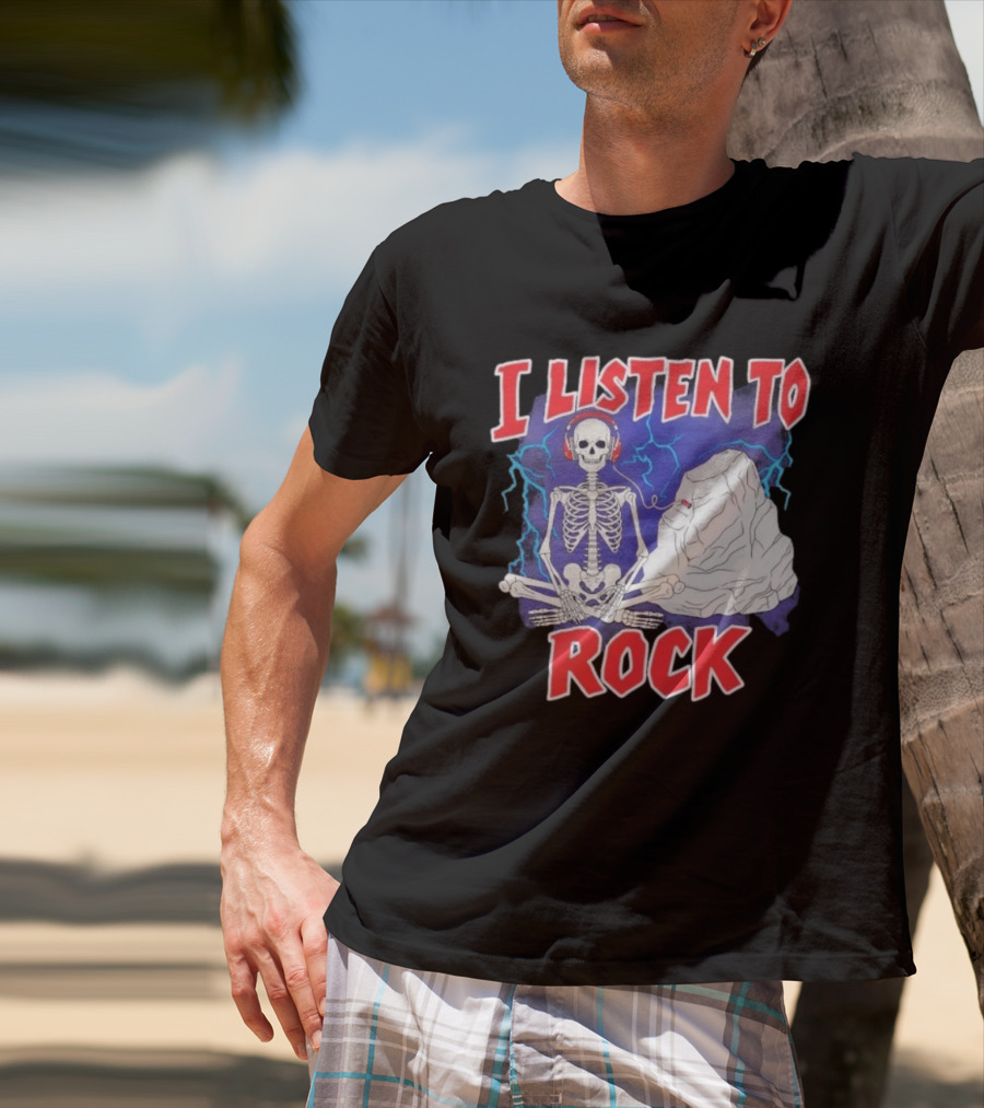 I Listen To Rock Skeleton Headphones Music T-Shirt