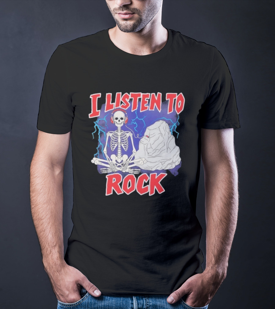 I Listen To Rock Skeleton Headphones Music T-Shirt