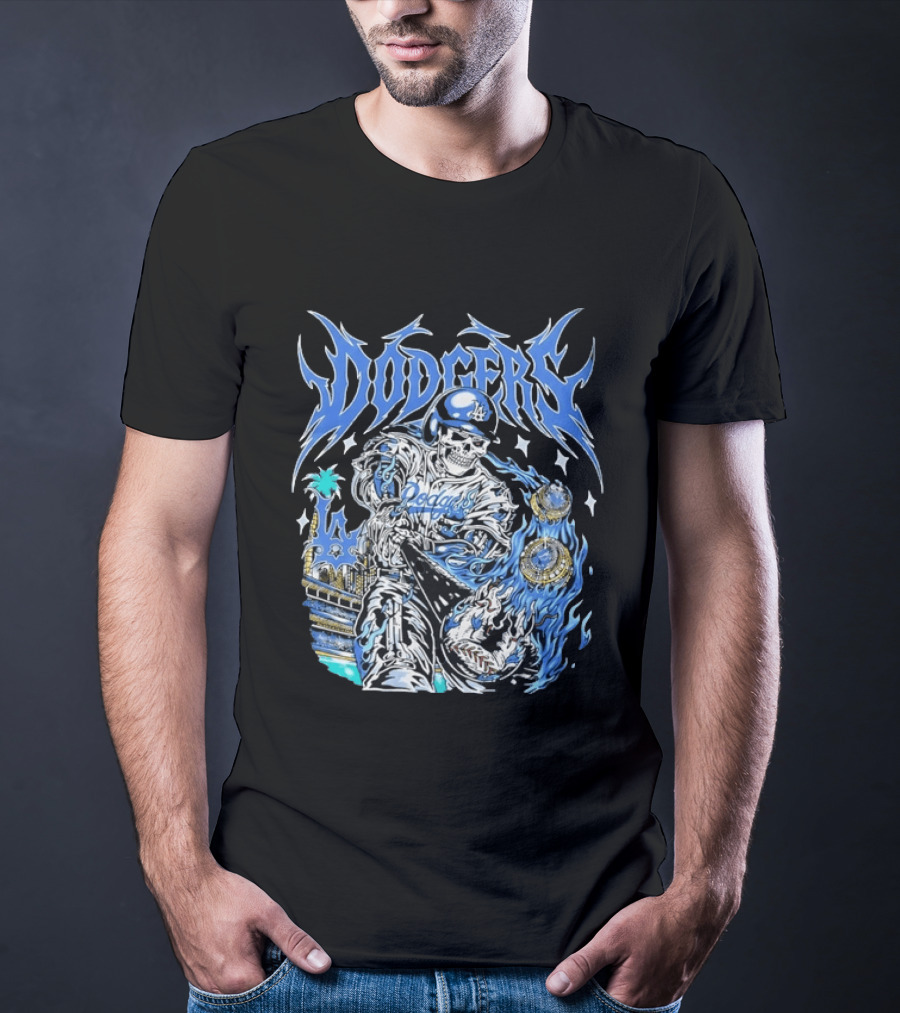 Los Angeles Dodgers Skeleton Player With Baseball Bat And Championship Rings T-Shirt