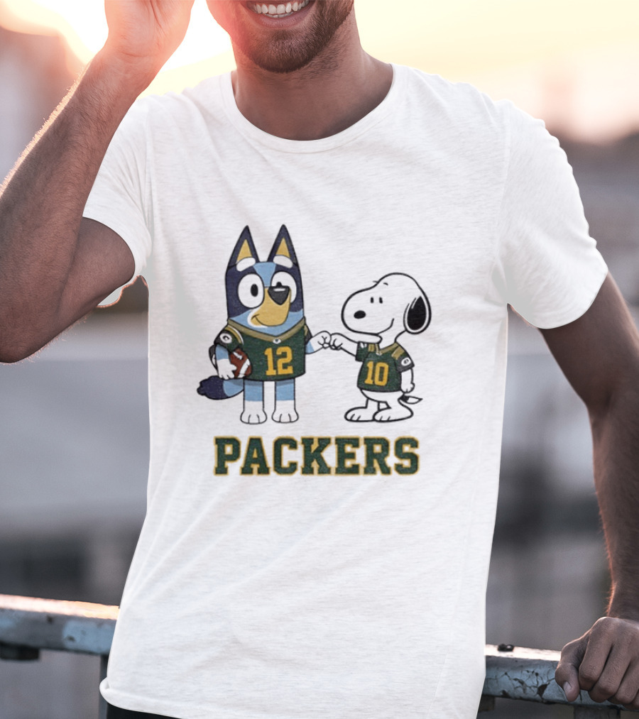 Bluey Snoopy Packers Football Friends Wearing 12 And 10 Jerseys T-Shirt