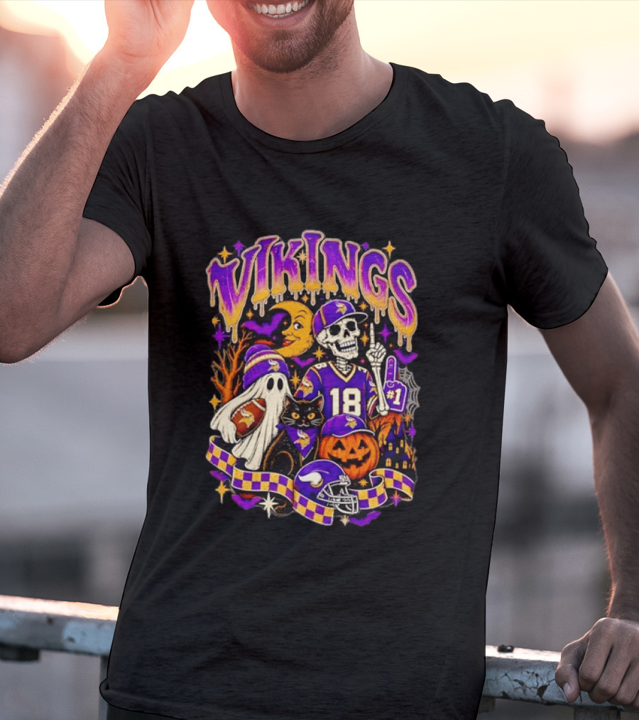 Vikings Halloween Skeleton Football 18 With Ghost Cat And Pumpkins T-Shirt