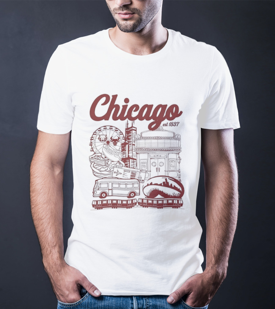 Chicago City Landmarks Illinois Est 1837 Ferris Wheel Hot Dog Retro Bus T-Shirt