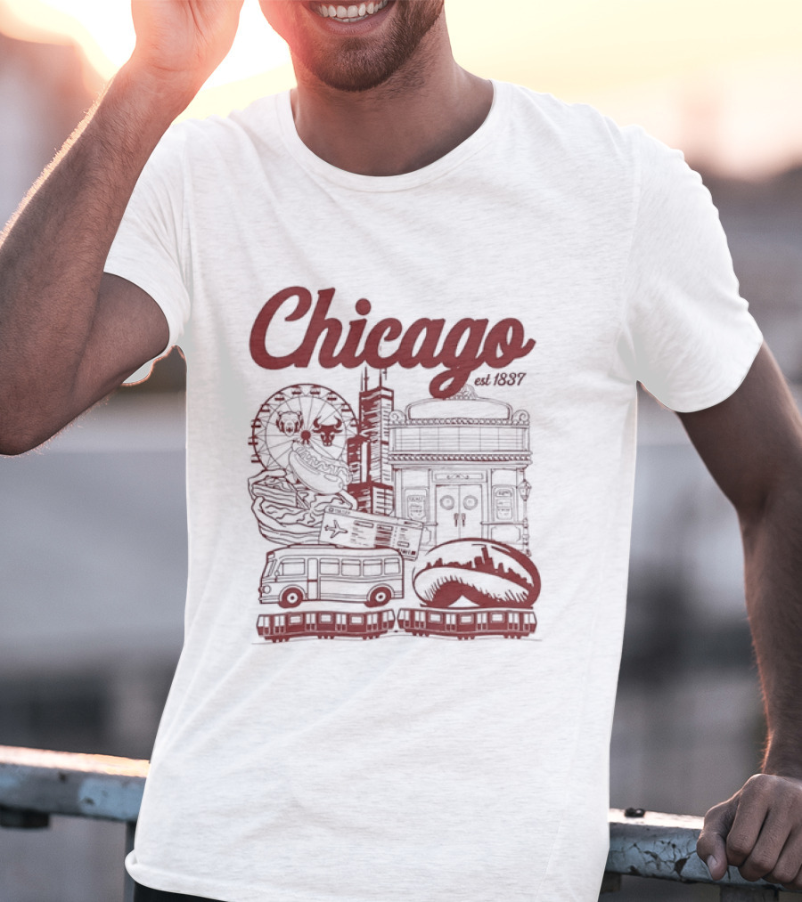 Chicago City Landmarks Illinois Est 1837 Ferris Wheel Hot Dog Retro Bus T-Shirt