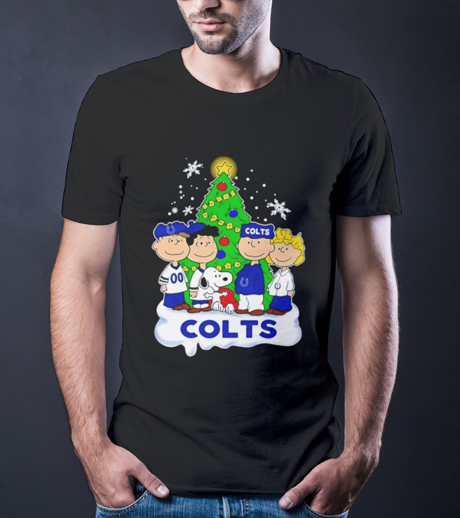 Peanuts Characters Indianapolis Colts Christmas Tree Snoopy Woodstock Snowflakes T-Shirt