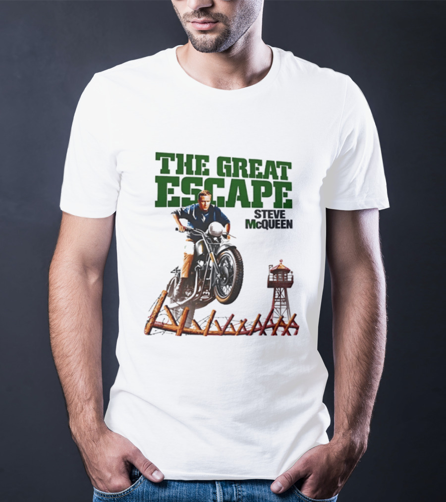 The Great Escape Steve McQueen Motorcycle Jump Classic Movie Scene T-Shirt