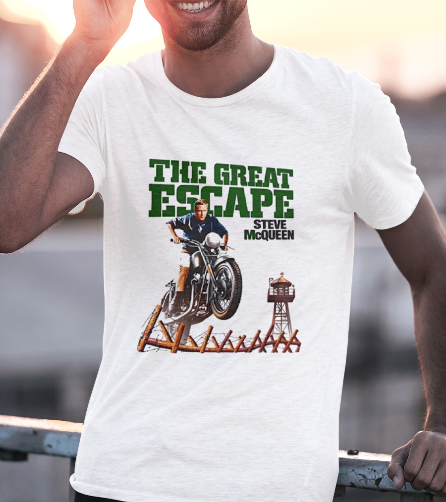 The Great Escape Steve McQueen Motorcycle Jump Classic Movie Scene T-Shirt
