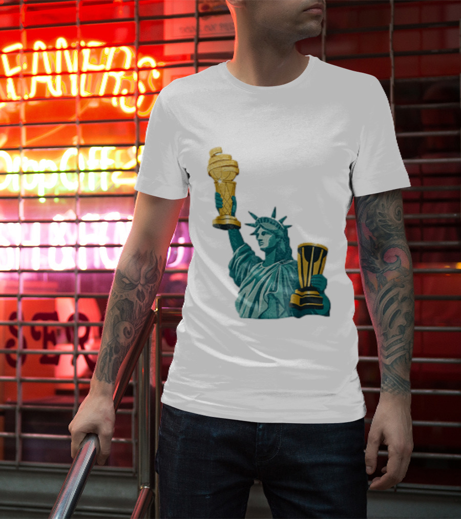 Lady Liberty Holding Dual Championship Trophies Soccer And Basketball T-Shirt