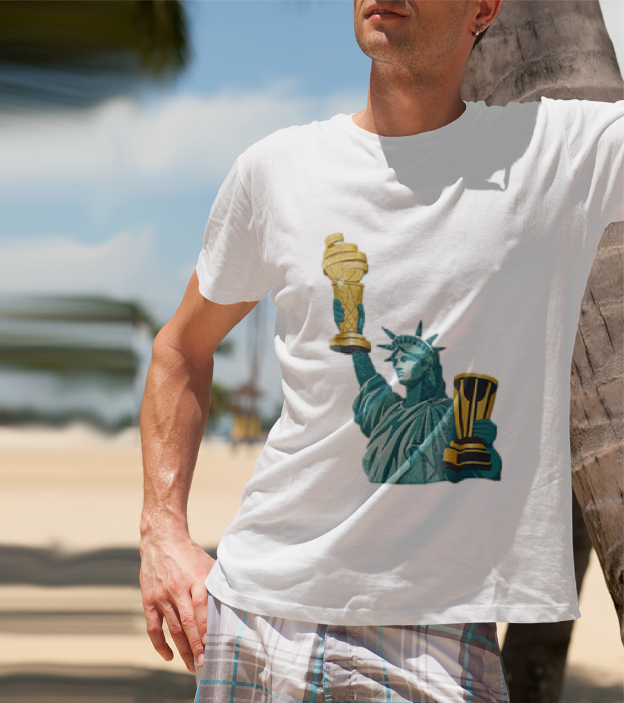 Lady Liberty Holding Dual Championship Trophies Soccer And Basketball T-Shirt