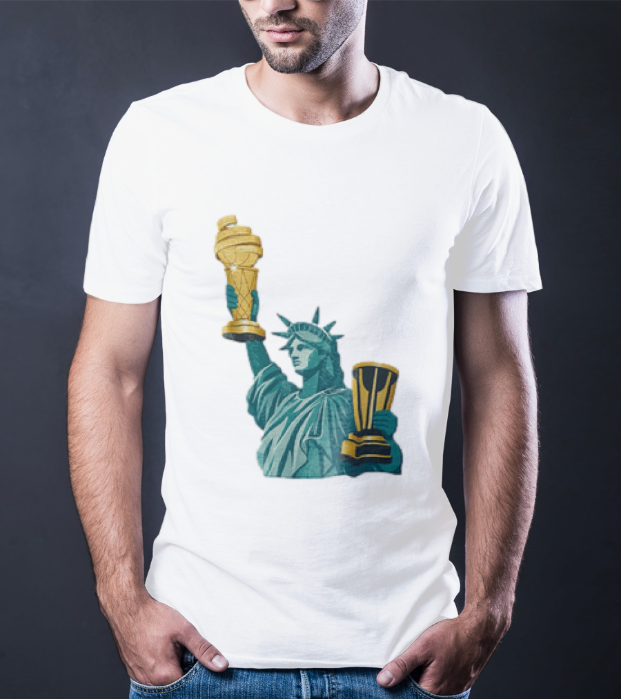 Lady Liberty Holding Dual Championship Trophies Soccer And Basketball T-Shirt