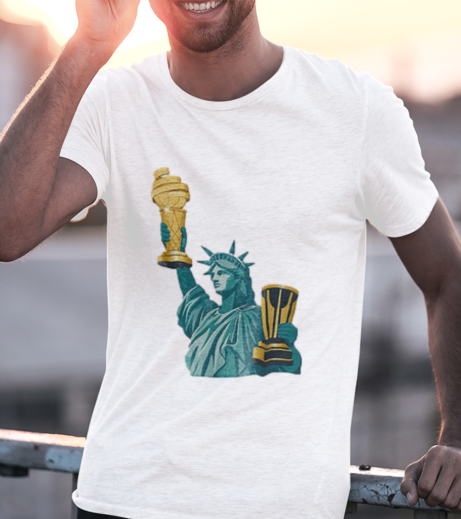 Lady Liberty Holding Dual Championship Trophies Soccer And Basketball T-Shirt