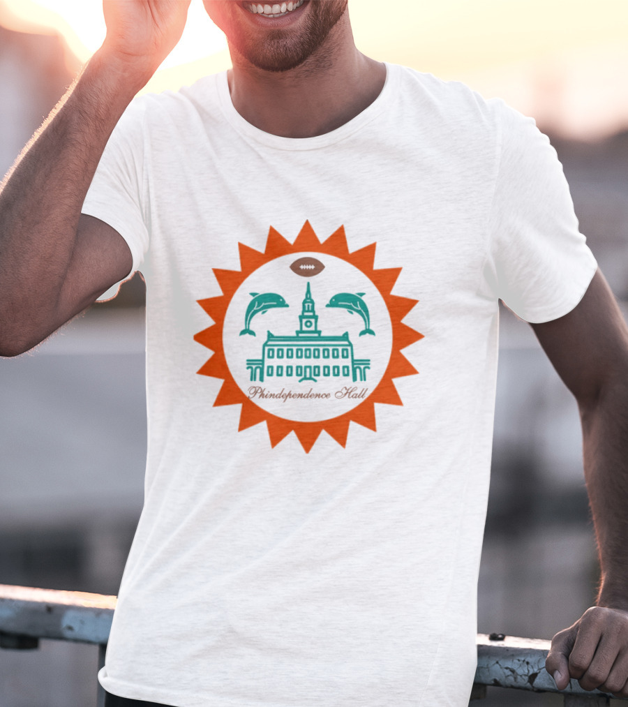 Phindependence Hall Miami Dolphins Football Emblem With Dolphins And Football Oval T-Shirt