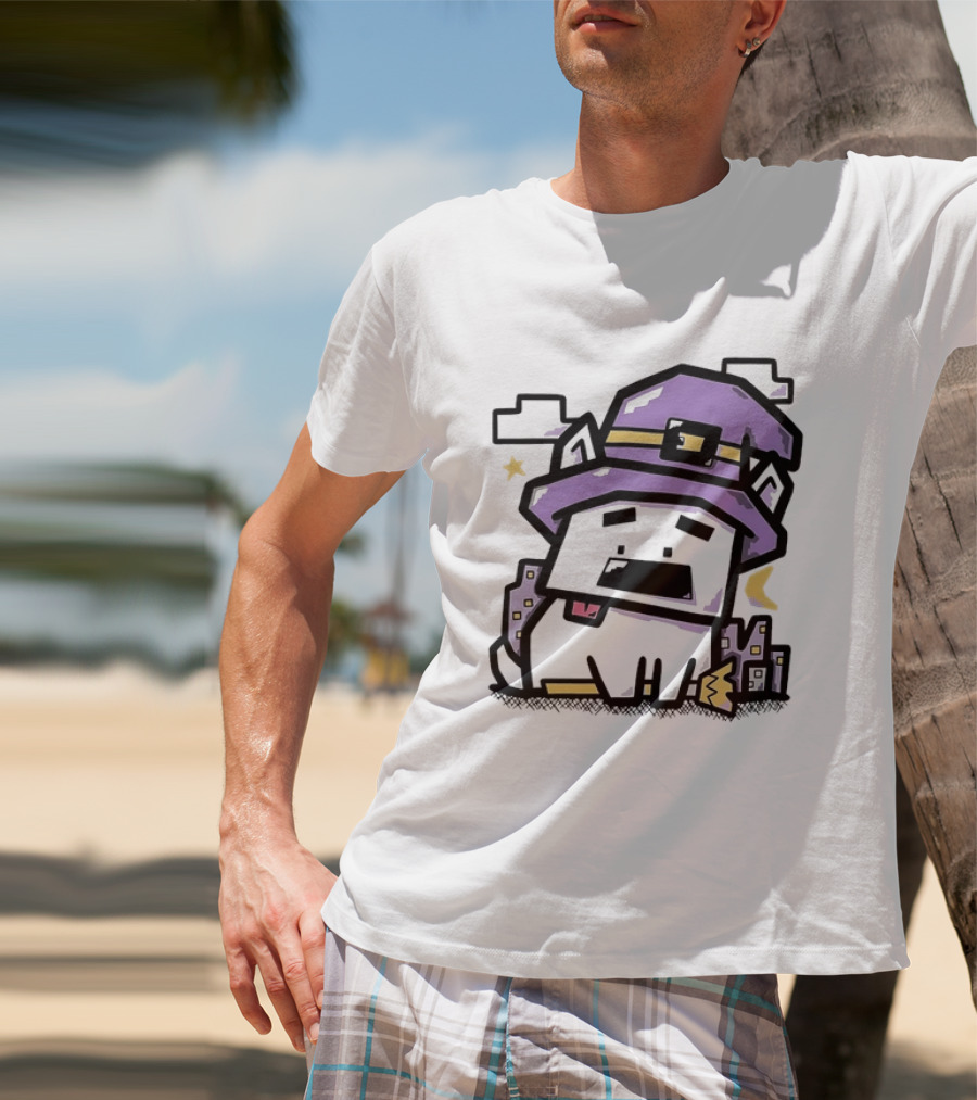 Pixel Cat Wearing Witch Hat Cute Halloween 8 Bit T-Shirt