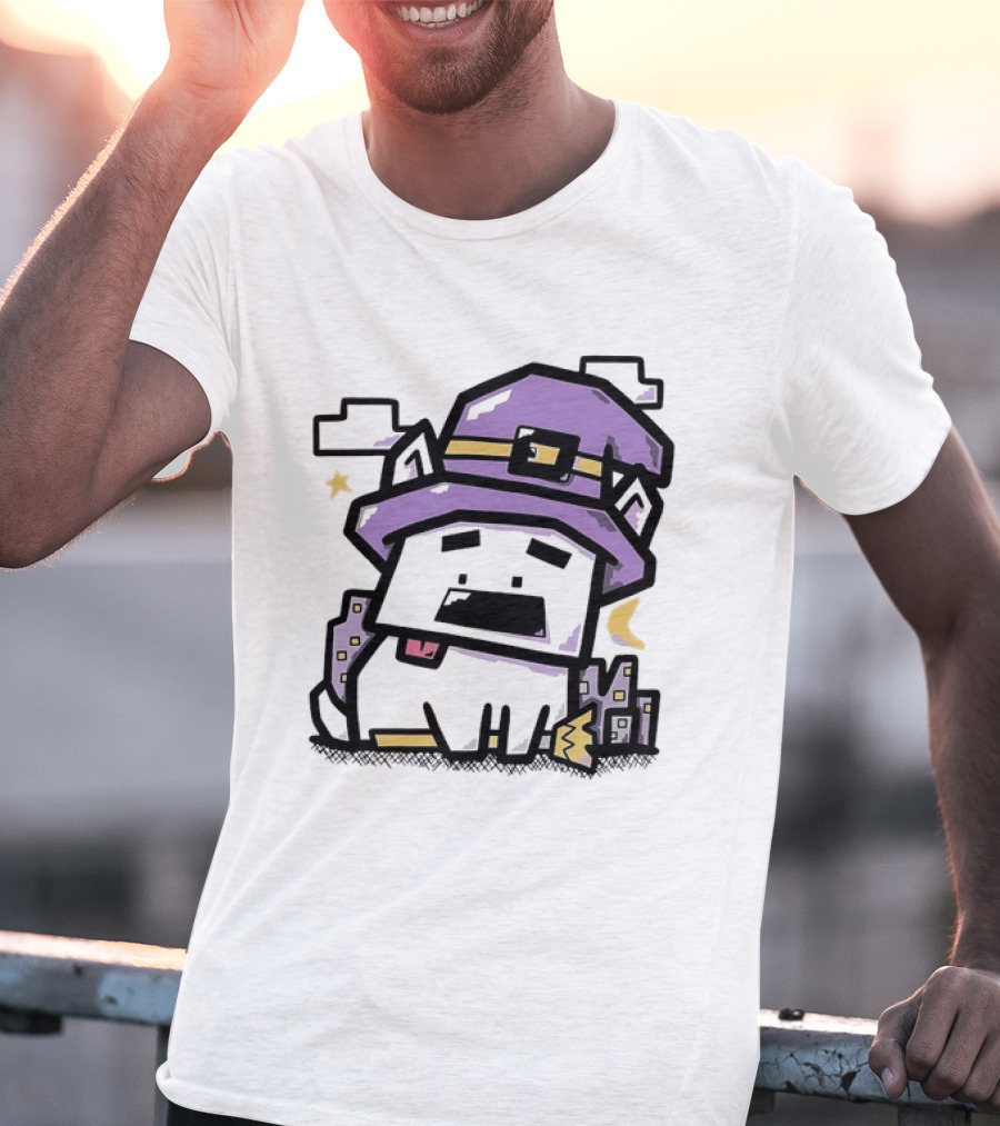 Pixel Cat Wearing Witch Hat Cute Halloween 8 Bit T-Shirt