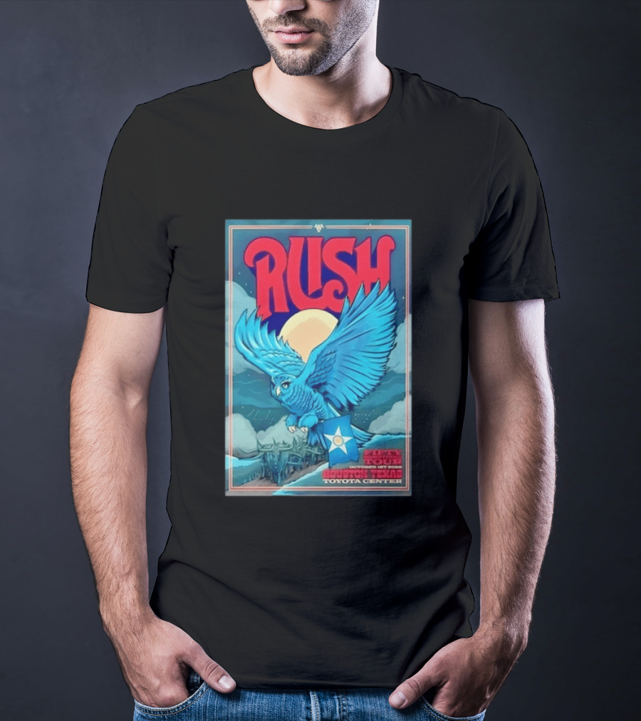 Rush Fifty Something Tour Houston Texas October 1st 2026 Toyota Center Blue Owl Moon Mountain Scene T-Shirt