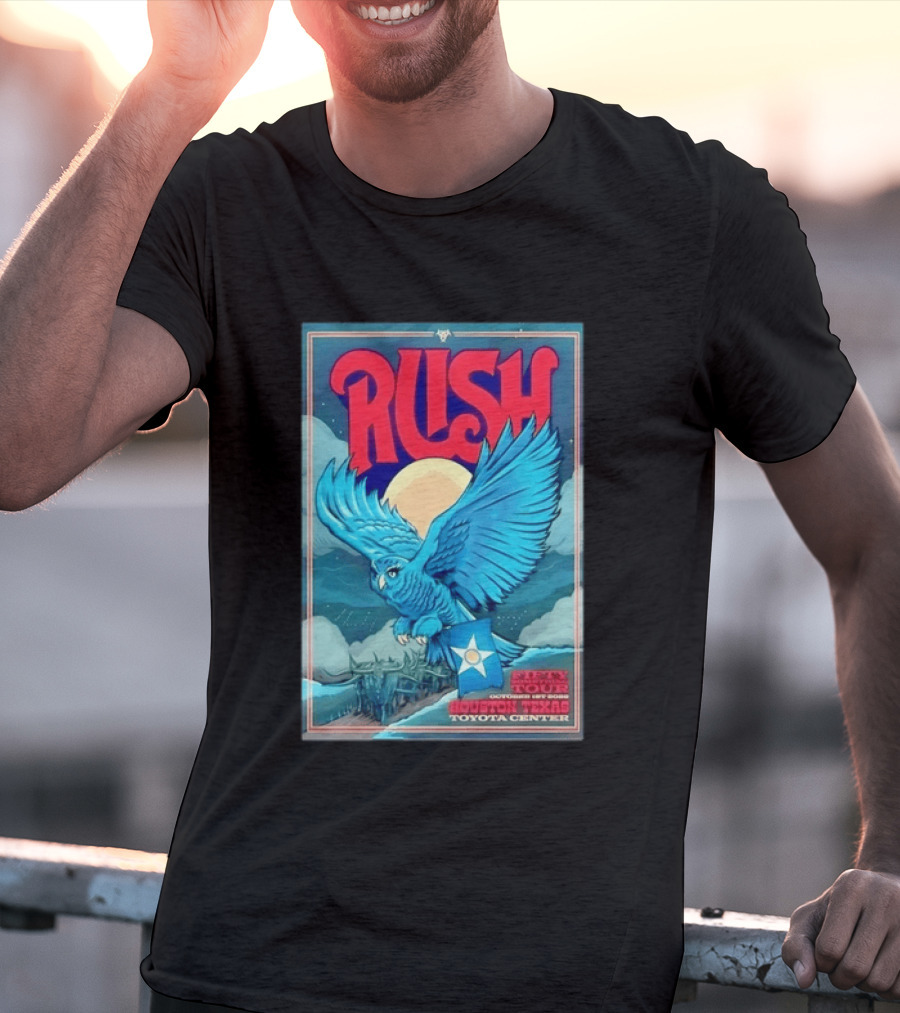 Rush Fifty Something Tour Houston Texas October 1st 2026 Toyota Center Blue Owl Moon Mountain Scene T-Shirt