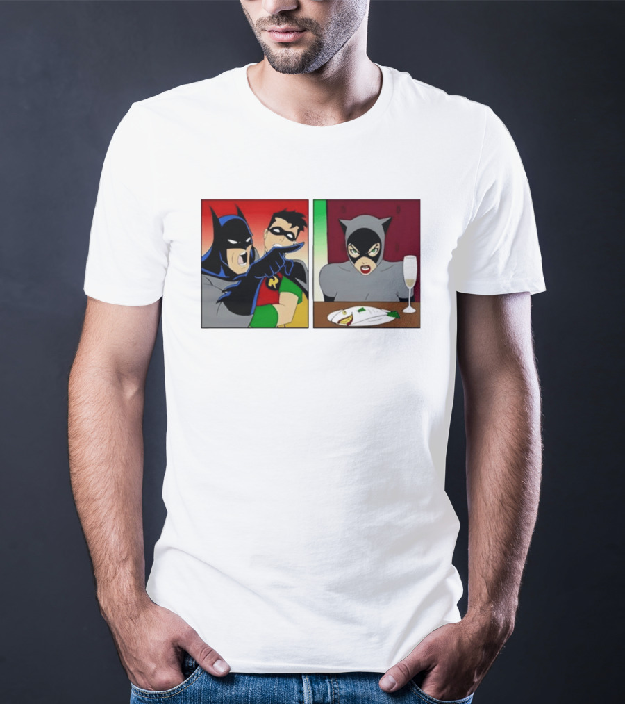 Batman Robin Yelling At Catwoman Meme Panel With Fish Plate And Wine Glass T-Shirt