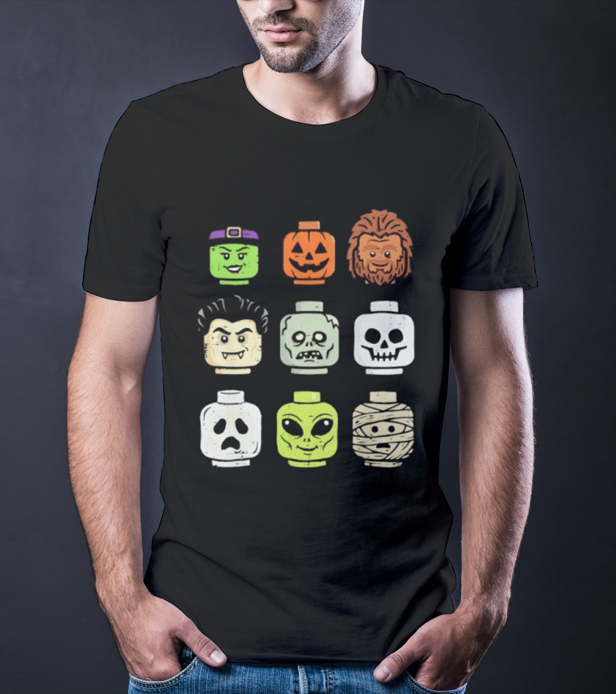 Distressed Halloween Minifigure Frankenstein Pumpkin Werewolf Dracula Zombie Ghost Alien Mummy Heads Collection T-Shirt