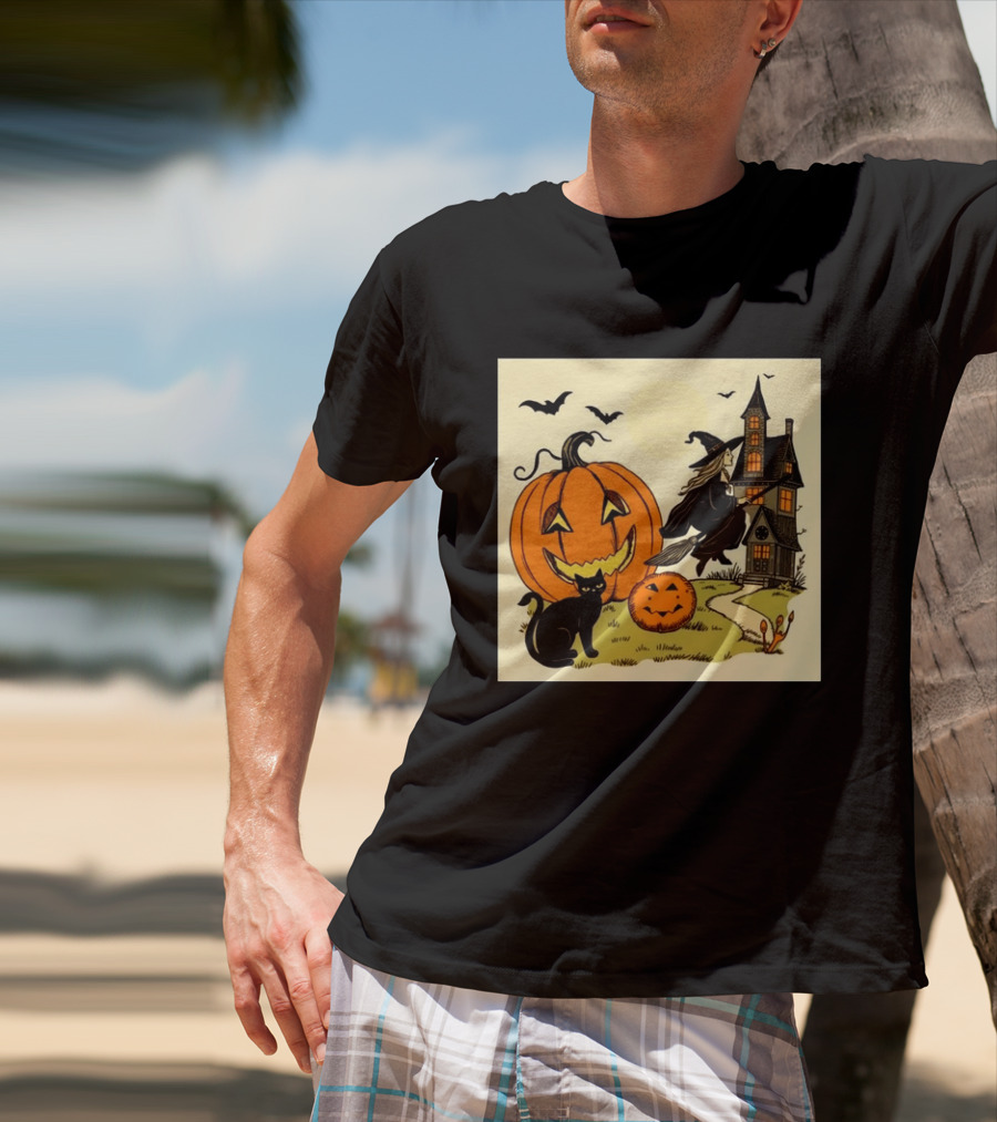 Spooktacular Halloween Black Cat Witch Pumpkin Haunted House T-Shirt
