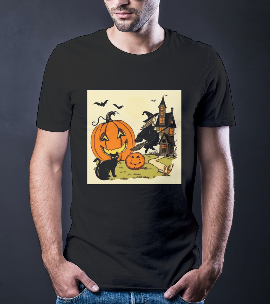 Spooktacular Halloween Black Cat Witch Pumpkin Haunted House T-Shirt