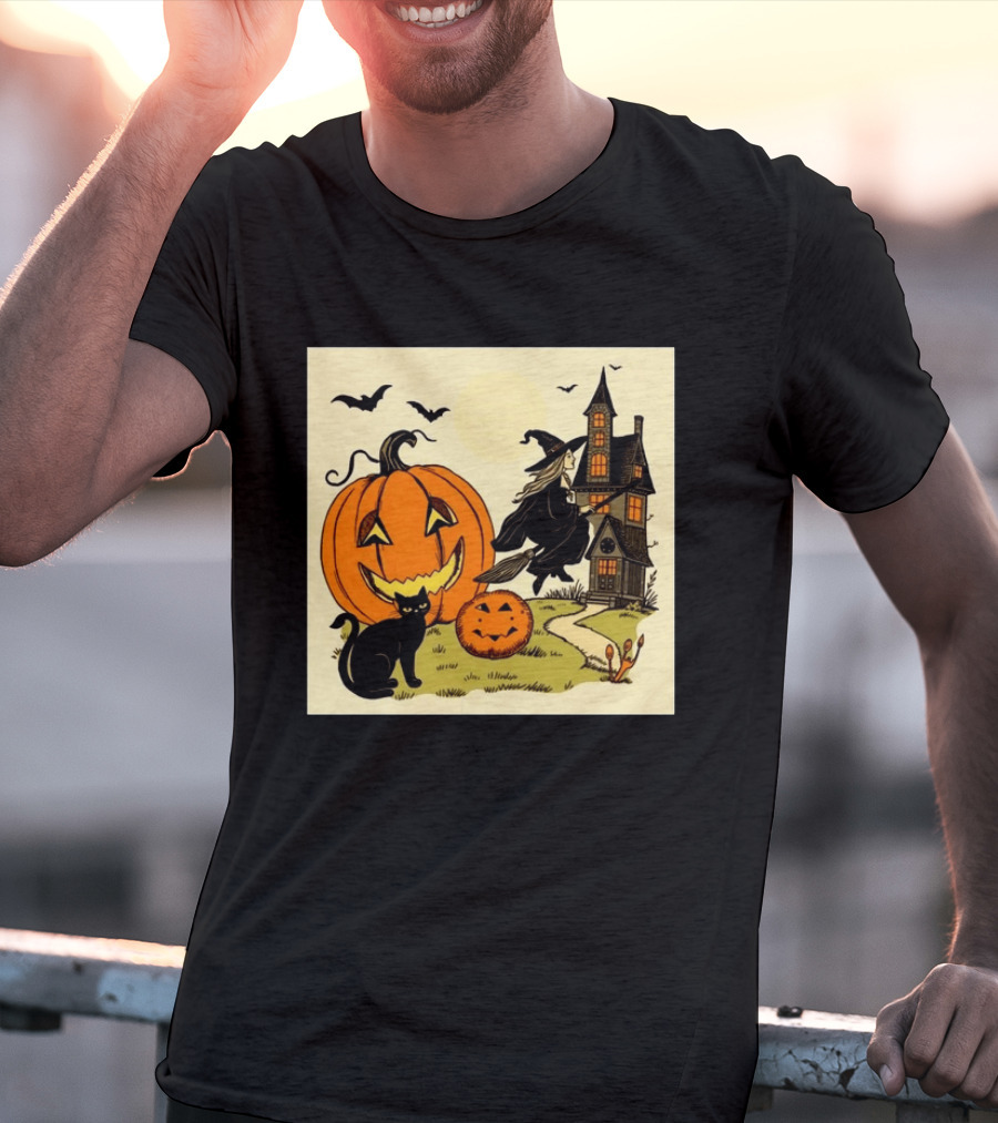 Spooktacular Halloween Black Cat Witch Pumpkin Haunted House T-Shirt