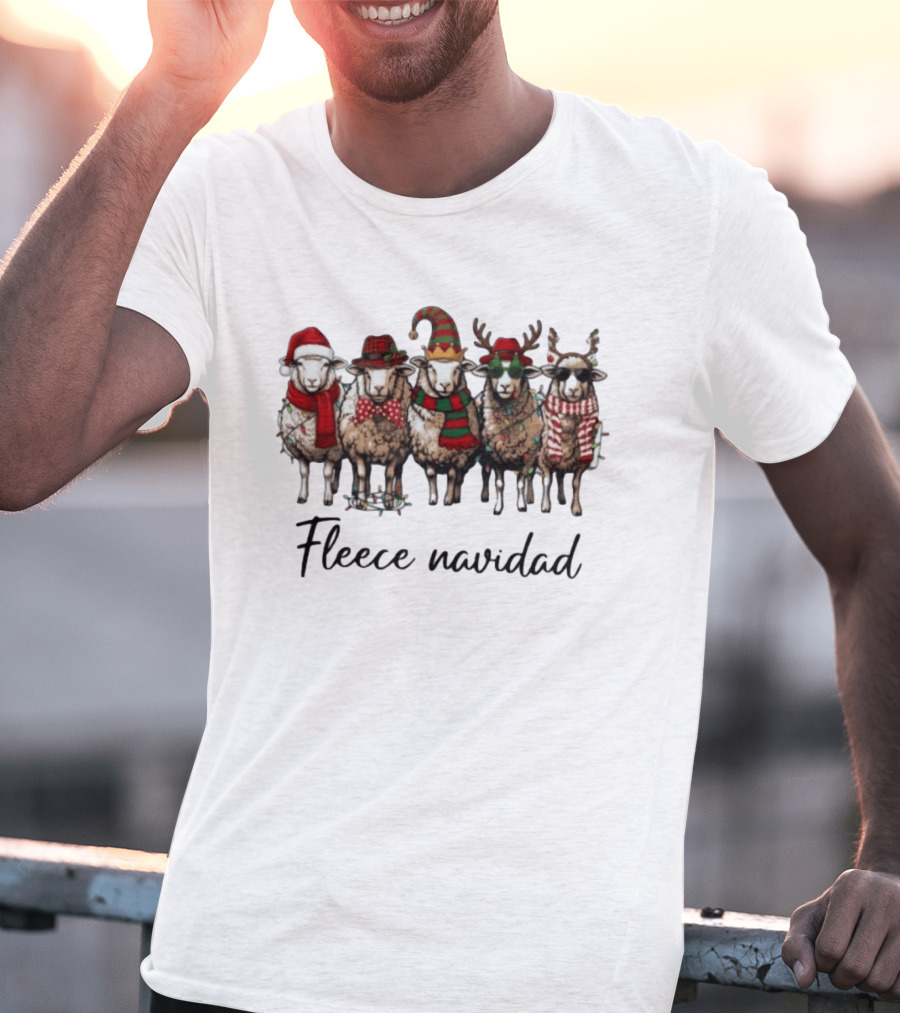 Fleece Navidad Christmas Sheep In Santa Hats Reindeer Antlers And Festive Scarves T-Shirt