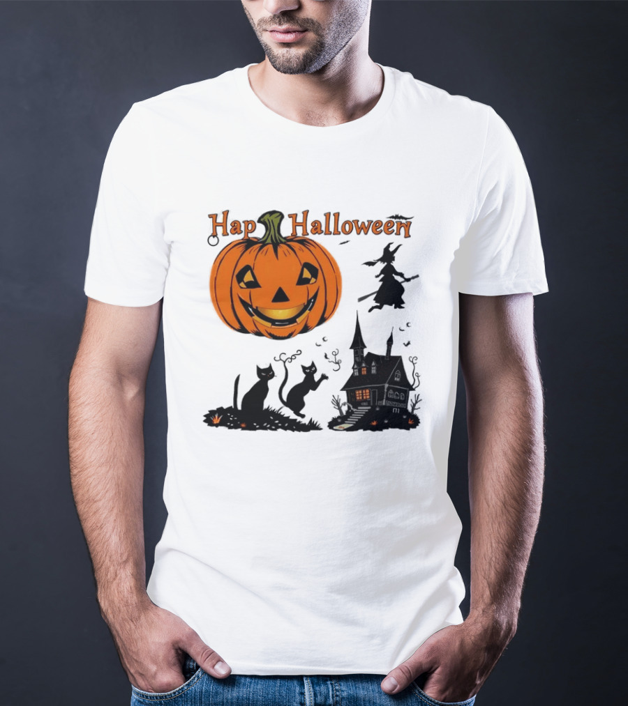 Happy Halloween Pumpkin Black Cats Witch Haunted House T-Shirt