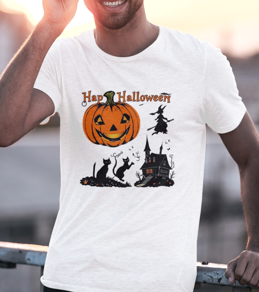 Happy Halloween Pumpkin Black Cats Witch Haunted House T-Shirt