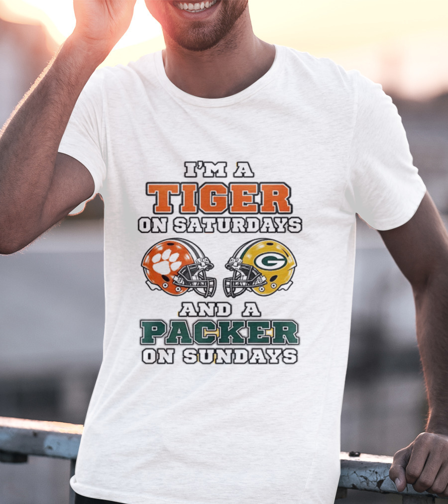 Tiger On Saturdays Clemson Tigers Packer On Sundays Green Bay Packers Helmets T-Shirt