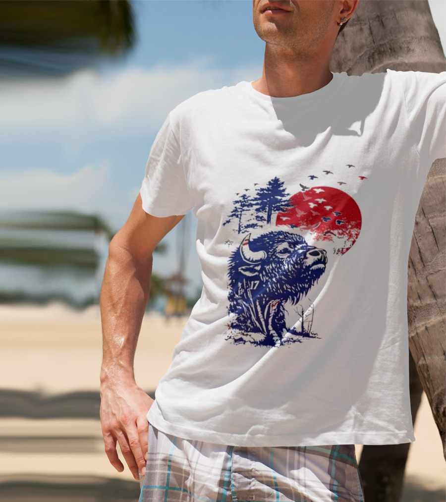 Buffalo Bills 17 Bison Sunset With Trees And Red Sun T-Shirt