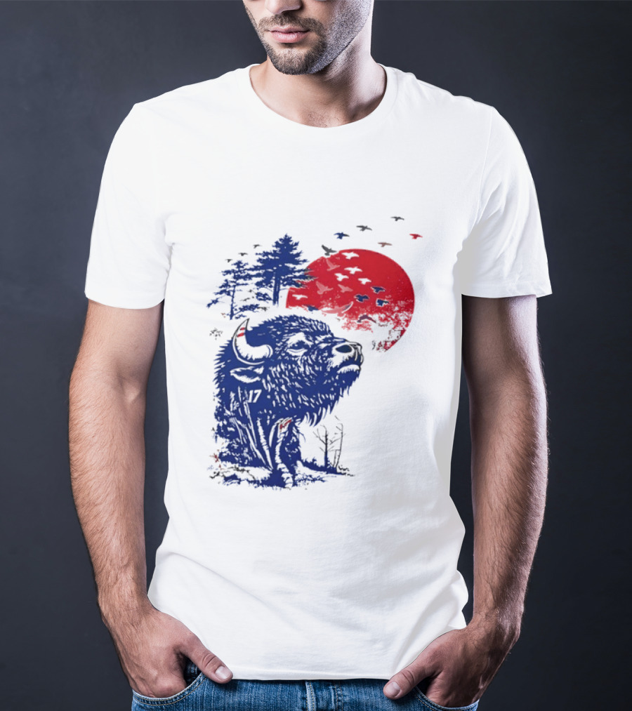 Buffalo Bills 17 Bison Sunset With Trees And Red Sun T-Shirt