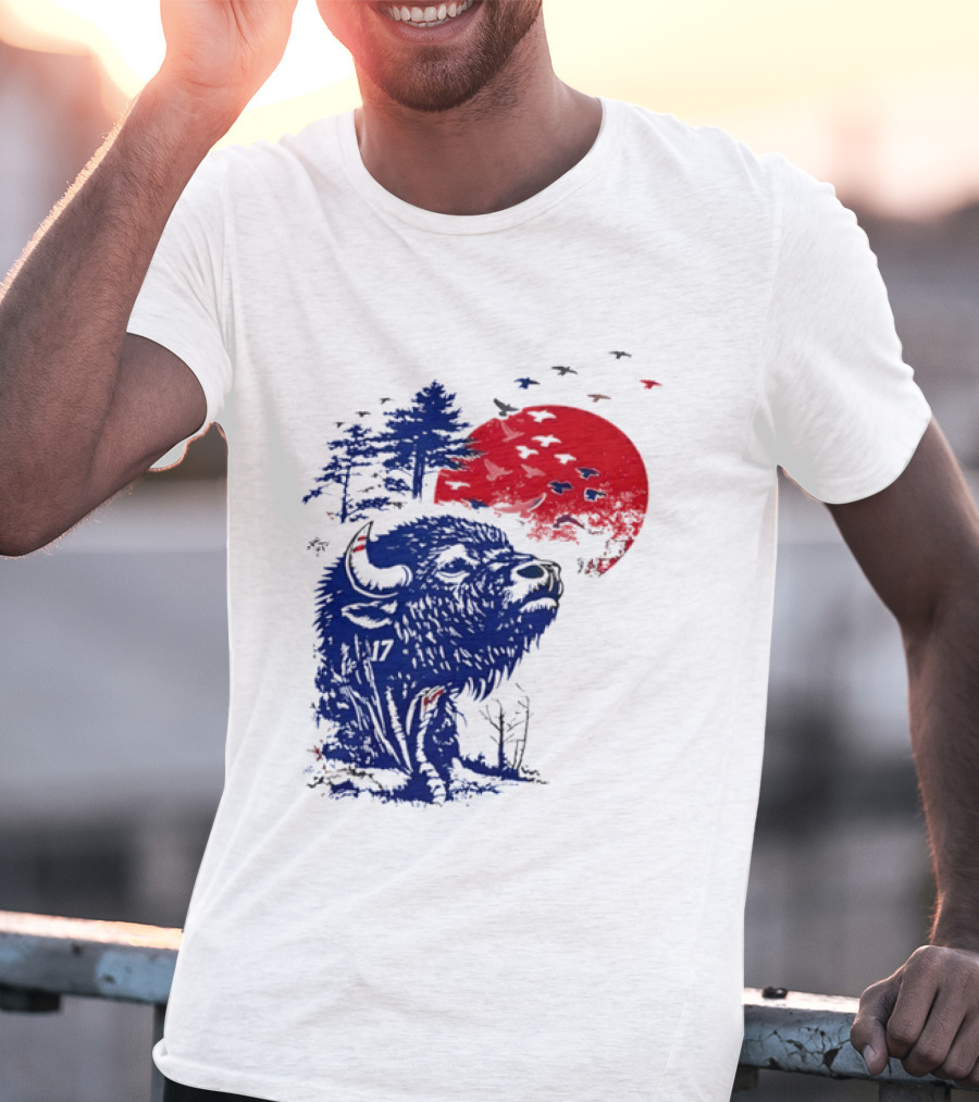 Buffalo Bills 17 Bison Sunset With Trees And Red Sun T-Shirt