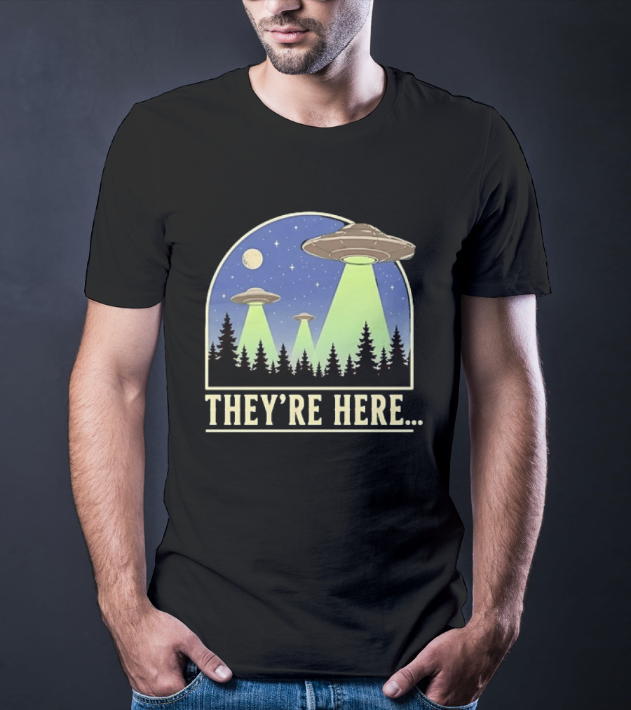 They're Here UFO Alien Abduction Night Forest Scene T-Shirt