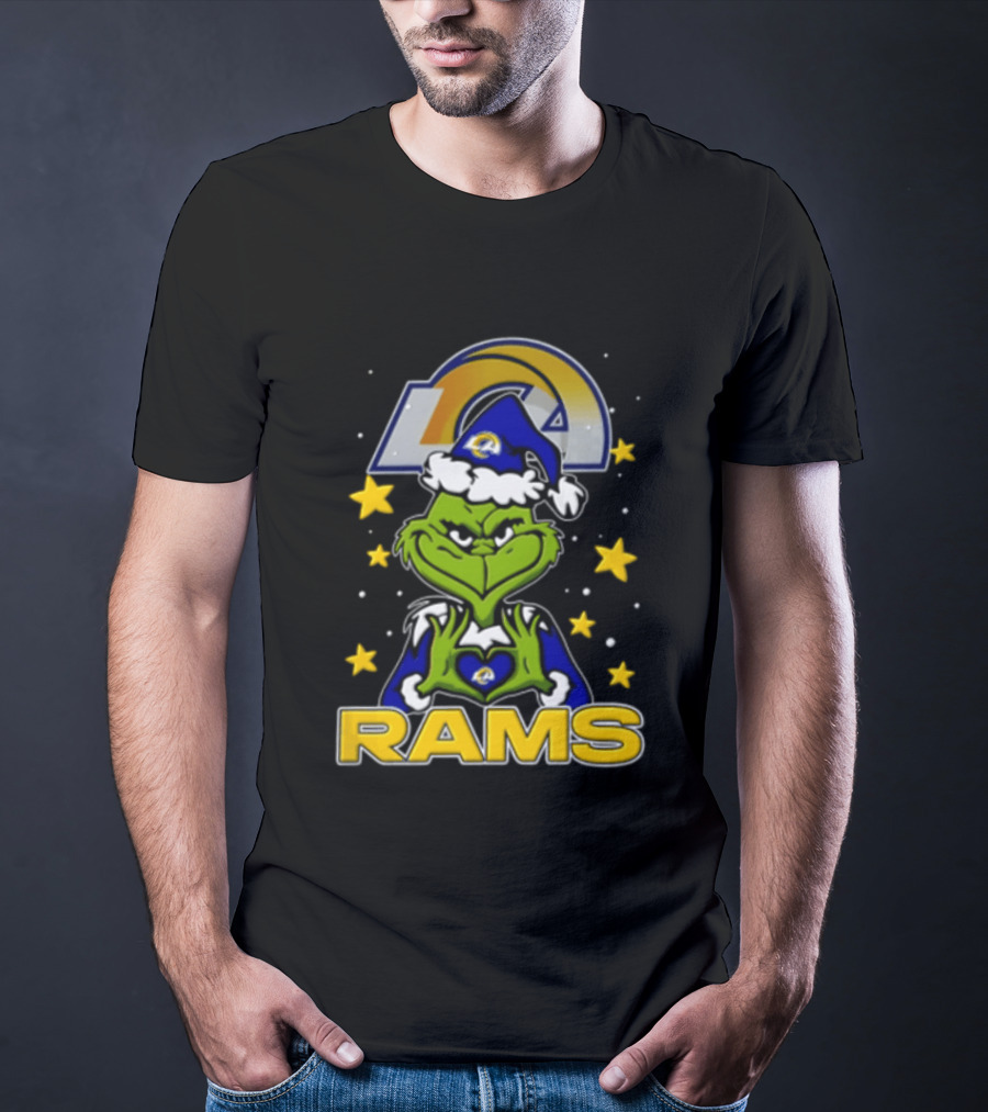 Los Angeles Rams Grinch Santa Hat Christmas Cartoon Fan Gear T-Shirt