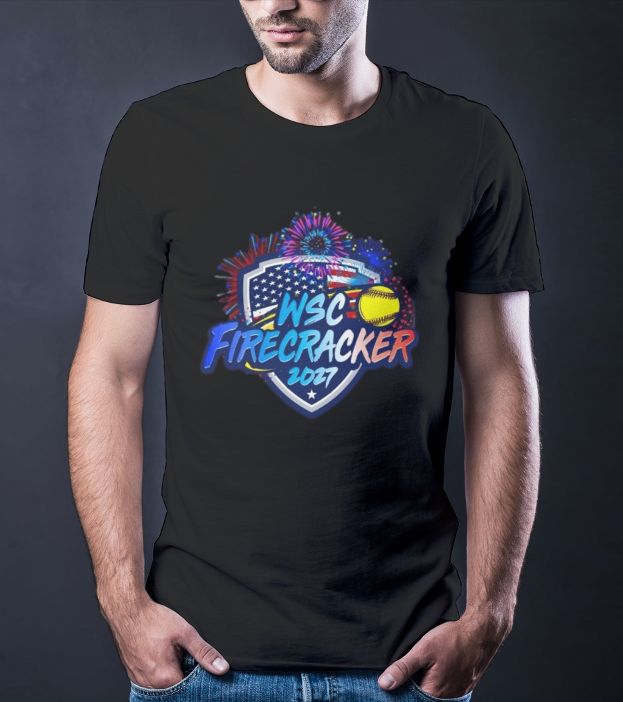 WSC Firecracker 2027 Softball Patriotic Shield Fireworks Yellow Ball Stars T-Shirt
