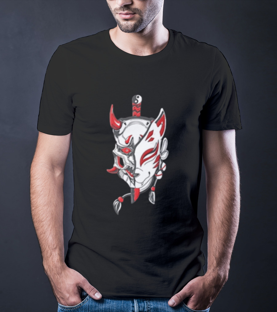 Oni Kitsune Mask Split Samurai Katana Fusion T-Shirt