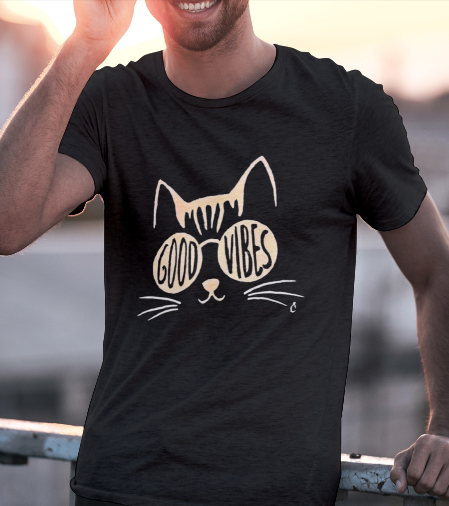 Good Vibes Cat Sunglasses Whimsical Feline T-Shirt