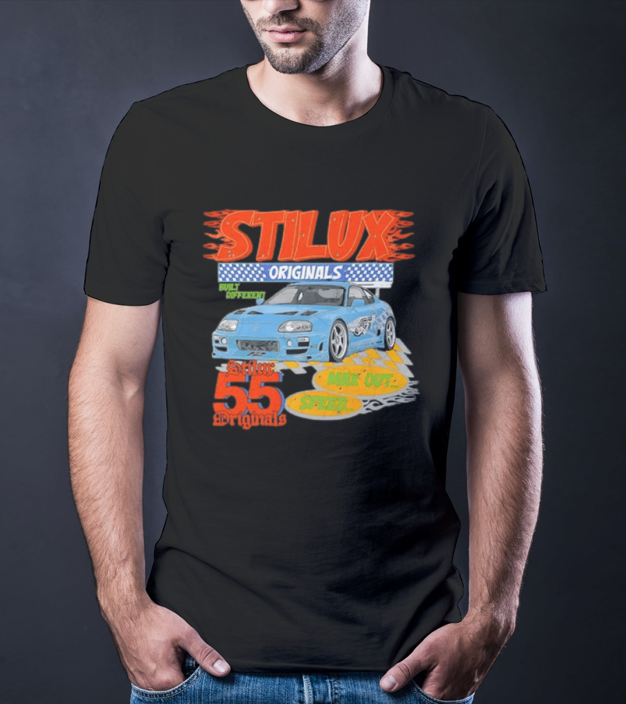 Stilux Originals Built Different Max Out Speed 55 Light Blue Sports Car Racing T-Shirt