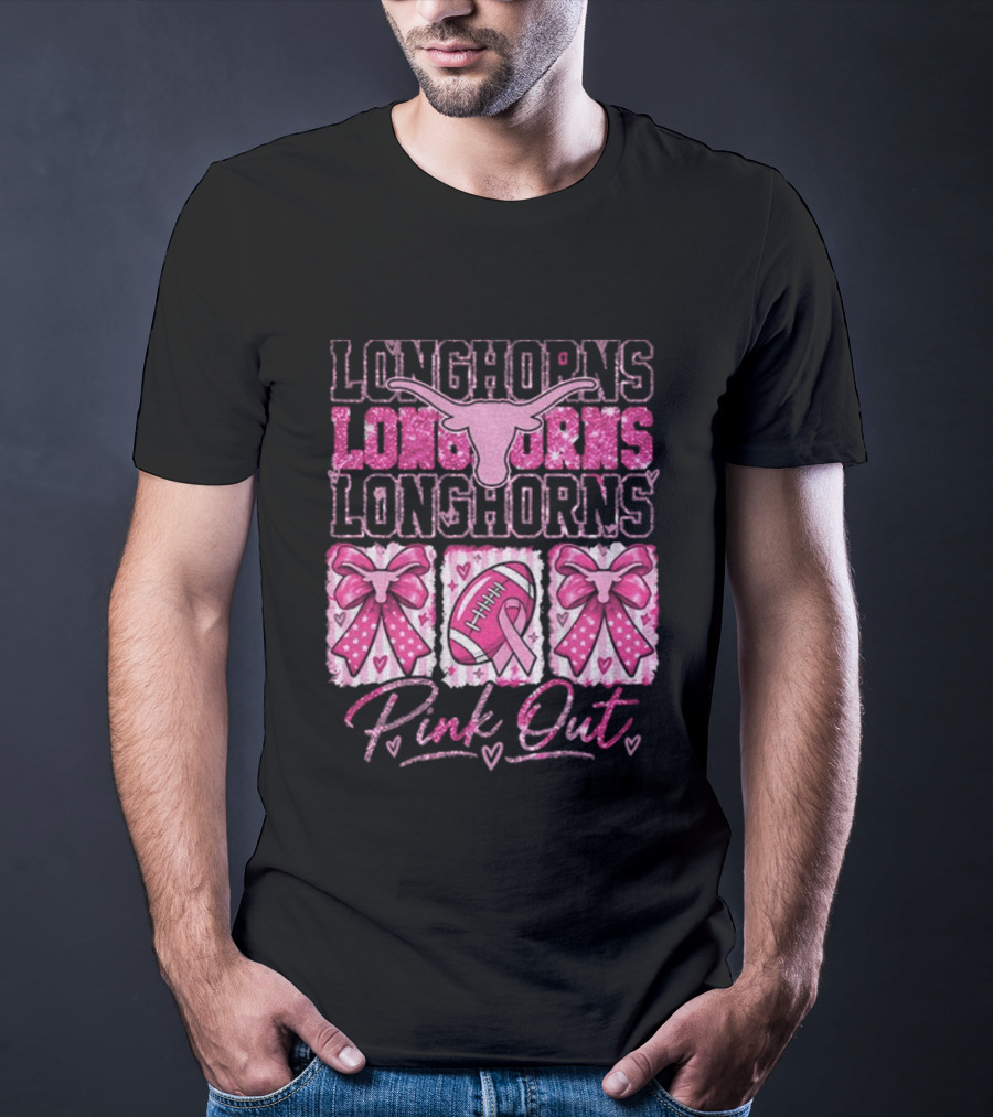 Longhorns Pink Out Breast Cancer Awareness Football Game Day Bows T-Shirt