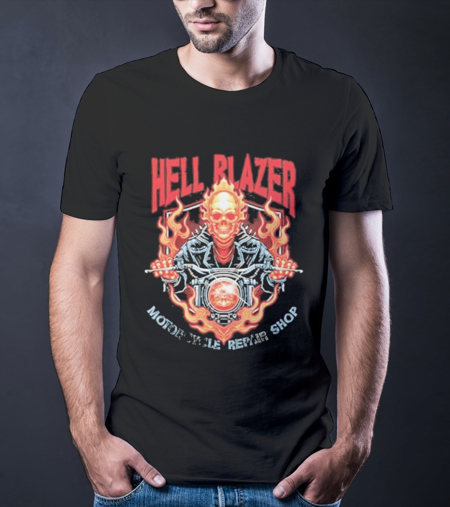 Hell Blazer Motorcycle Repair Shop Fiery Skull And Flames T-Shirt