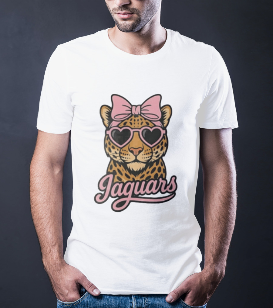 Jacksonville Jaguars Leopard Pink Bow Heart Sunglasses T-Shirt