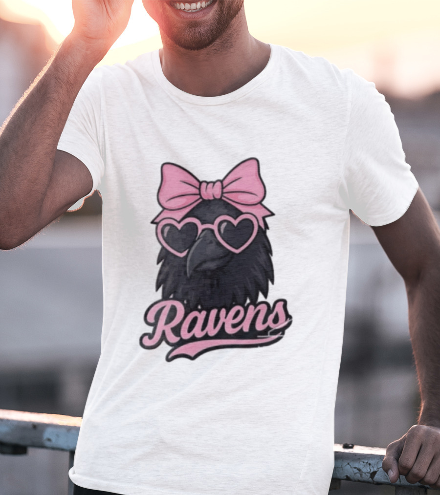 Ravens Raven Pink Bow Heart Sunglasses T-Shirt