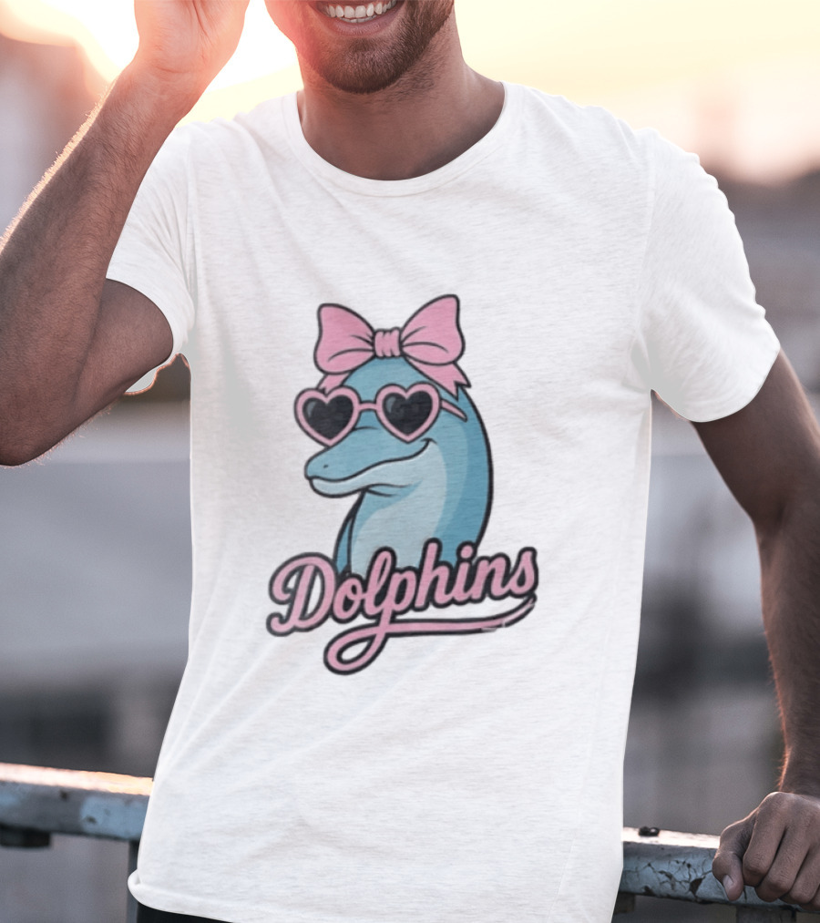 Dolphins Blue Dolphin Pink Bow Heart Sunglasses T-Shirt
