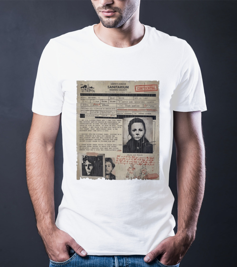 Smith's Grove Sanitarium Confidential Patient File Michael Myers Vintage Horror Movie Scene T-Shirt
