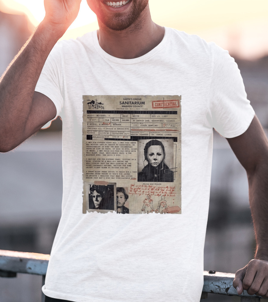 Smith's Grove Sanitarium Confidential Patient File Michael Myers Vintage Horror Movie Scene T-Shirt