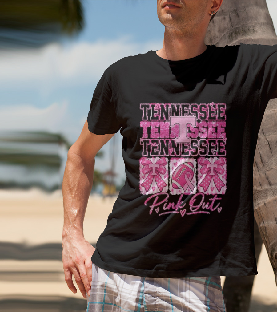Tennessee Volunteers Pink Out Breast Cancer Awareness Game Day Football Bow Ribbons T-Shirt