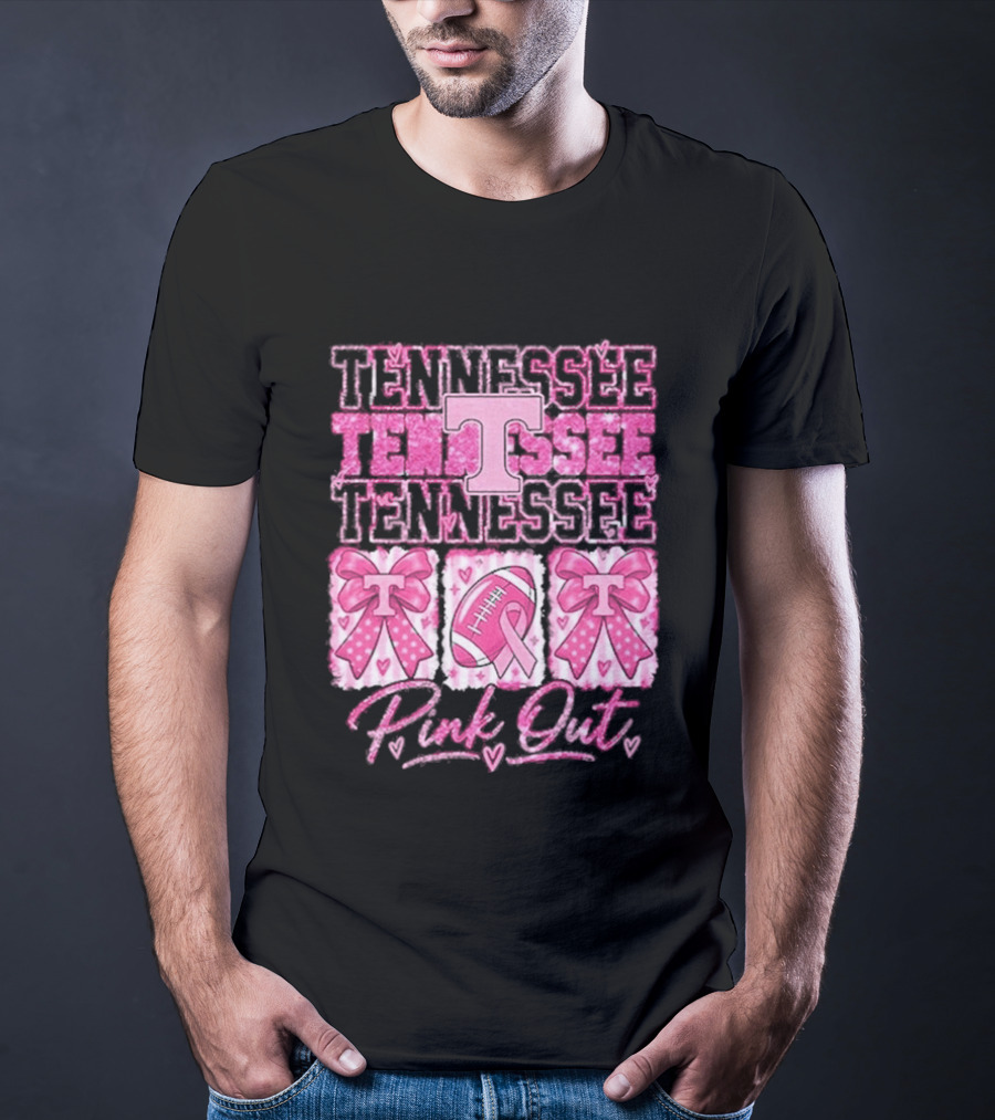Tennessee Volunteers Pink Out Breast Cancer Awareness Game Day Football Bow Ribbons T-Shirt