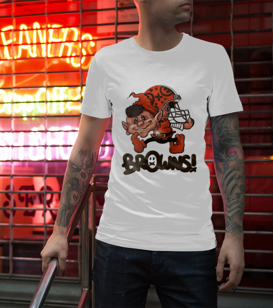 Cleveland Browns Elf Holding Football Helmet Browns T-Shirt