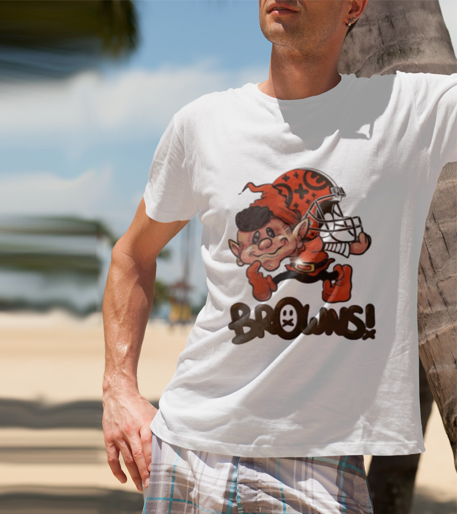 Cleveland Browns Elf Holding Football Helmet Browns T-Shirt