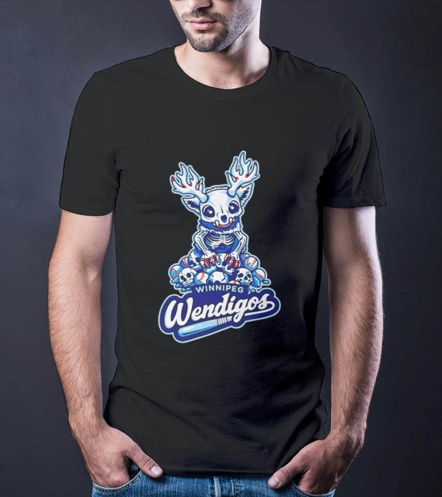 Winnipeg Wendigos Baseball Skull With Antlers And Blue Bats T-Shirt